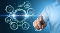 Business consultant touching digital consulting interface with gears, charts and analytics icons on blue technology background for corporate strategy.