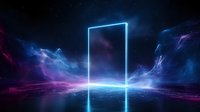 Glowing neon doorway portal in cosmic space with purple and blue nebula clouds reflecting on water surface, mystical sci-fi landscape background.
