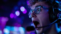 Young male gamer in headset with microphone shouting during intense cybersport tournament, illuminated by vibrant purple and blue neon lights, showing emotional reaction.