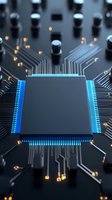 Modern computer processor chip with blue LED illumination on circuit board showcasing advanced semiconductor technology and electronic components for tech designs.