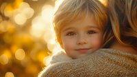 Young Caucasian girl with gentle smile and bright eyes embraced in warm knitted sweater against golden bokeh background during sunset creating magical atmosphere.