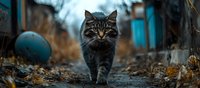 Majestic gray cat walking on autumn path with intense gaze, moody atmospheric background in blue tones, fallen leaves and bokeh effect create dramatic scene.