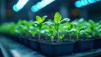 Young green seedlings growing in plastic pots with water drops on leaves against blurred blue bokeh lights, macro photography for agriculture and gardening.