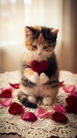 Adorable calico kitten holding red knitted heart surrounded by rose petals on lace doily for Valentine's Day romance and love celebration.