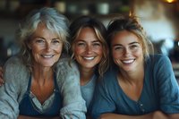 Three generations of women smiling together, showing genuine happiness and connection. Natural lighting highlights their joyful expressions and casual style.