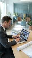 Professional businessman working on laptop in modern office with architectural plans and documents on wooden desk for corporate presentations.