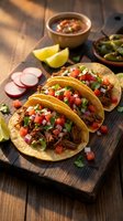 Pulled pork tacos with fresh salsa, cilantro, and lime served on wooden board with radishes and peppers for Mexican cuisine food photography and restaurant menus.