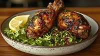 Grilled chicken drumsticks with herbs and spices served on fresh greens with lemon wedge, presented on rustic ceramic plate.