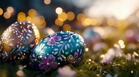 Decorated Easter eggs with floral patterns and ornate designs on natural grass background with golden bokeh lights creating festive spring atmosphere.