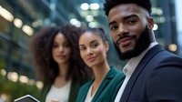 Diverse business team of young professionals smiling outdoors at modern office building. Corporate success and workplace diversity concept shown at dusk.