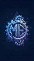 Futuristic mechanical gear logo with MF letters on dark blue background with geometric triangular patterns and glowing effects for tech branding.