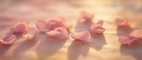 Delicate pink rose petals scattered on soft surface with warm golden sunlight creating romantic dreamy atmosphere for wedding valentine day celebration.