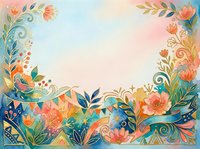 Ornamental floral frame with coral and orange blooms, decorative leaves, and scrollwork borders on soft pastel background. Suitable for invitations, greeting cards, and design projects.