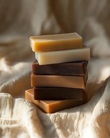 Stack of handmade natural soap bars in earth tones on rustic wooden surface with soft lighting for spa and wellness concepts.