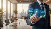 Professional businessman in suit touching digital interface with business analytics icons in modern office boardroom with city skyline view.