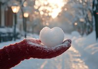 Person in red knit glove holding heart-shaped snowball against winter sunset backdrop with snow-covered street and glowing streetlights creating romantic atmosphere.
