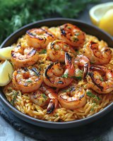 Grilled jumbo shrimp served on saffron rice with fresh dill and lemon wedges in dark ceramic bowl, close up view of Mediterranean seafood dish.