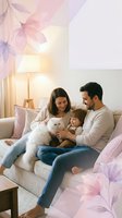 Happy family with white cat relaxing on sofa in cozy living room with soft pink floral overlay creating warm domestic atmosphere for lifestyle content.