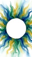 Watercolor sunflower petals in blue, green, and yellow tones radiating from white center circle. Isolated on white background, ready for design projects, logos, and creative applications.