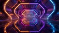 Futuristic neon tunnel with glowing orange and blue lights creating geometric corridor perspective for sci-fi technology backgrounds and digital art projects.