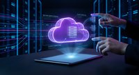 Businessman accessing cloud computing technology with holographic interface on tablet device in modern data center environment for digital transformation.