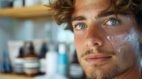 Young Caucasian male model with striking blue eyes and curly brown hair exhaling smoke in atmospheric lighting, perfect for lifestyle, wellness or modern portrait photography.