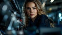 Young blonde Caucasian woman working late at night in modern office with computer screens and city lights background for business technology concepts.
