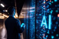 Asian businessman checking smartphone near digital AI display wall with glowing blue lights and technology visualization in modern office environment.
