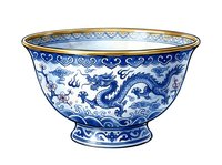 Ornate blue and white porcelain bowl featuring traditional dragon motifs and decorative patterns, isolated on white background for design and product use.