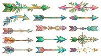 Decorative arrows with floral and geometric elements in watercolor style, isolated on white background, ready for design projects, invitations, and crafts.