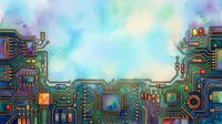 Circuit board technology landscape with colorful neon pathways and glowing connections, representing digital infrastructure, data flow, and futuristic computing systems for tech backgrounds.