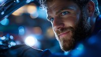 Bearded man with gentle smile in dramatic blue lighting and bokeh background creates mysterious atmospheric portrait. Professional headshot with cinematic mood.