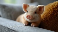 Adorable pink piglet resting on gray couch with soft lighting, close-up view showing detailed features and expressive eyes, creating heartwarming mood for animal care concepts.
