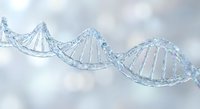 DNA double helix structure with transparent molecular bonds against soft cloudy background for scientific research and biotechnology applications.
