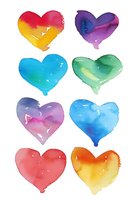 Colorful watercolor hearts in rainbow shades on white background, artistic romantic elements for greeting cards, valentines and wedding designs. Isolated illustration.