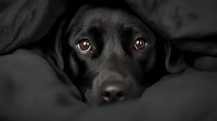 Close up portrait of black Labrador dog peeking through blankets with soulful brown eyes and dark nose against moody dark background, creating emotional pet photography.