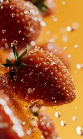 Fresh ripe strawberry with water drops and splashes on vibrant orange background, macro photography with selective focus and bokeh effect.