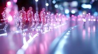 Glowing digital human figures walking on futuristic street with neon lights and bokeh effects creating cyberpunk atmosphere for technology concepts.