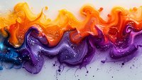 Vibrant fluid art with flowing waves in orange, purple and blue colors creating dynamic abstract pattern with paint splatter effect and cosmic sparkles.