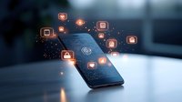 Smartphone displaying glowing social media icons and network connections floating above screen on dark background, illustrating digital communication technology.
