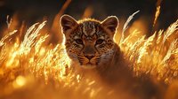 Young leopard cub portrait in golden sunlit grass at sunset, dramatic wildlife close-up with bokeh effect and backlit wheat stalks creating magical atmosphere.