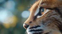 Close-up portrait of ginger cat face with bright blue eyes against blurred bokeh background, showing detailed whiskers and fur texture in warm sunlight.