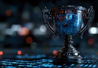 Silver trophy with digital circuit pattern reflection on metallic surface against dark background with bokeh lights, representing technology achievement and success.