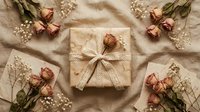 Vintage gift box wrapped in aged paper with lace ribbon, surrounded by dried roses and baby's breath on linen fabric background.