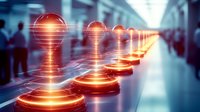 Glowing orange chess pieces lined up on digital circuit board surface with futuristic light effects in modern corporate environment, technology concept.