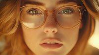 Young woman with freckles wearing stylish round gold glasses, natural makeup, and wavy ginger hair in warm sunlight. Perfect for beauty, fashion, or eyewear advertising.
