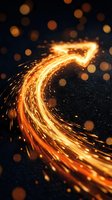 Glowing upward arrow made of golden light trails and sparks against dark background with bokeh effects, symbolizing growth, success, and financial progress for business presentations.