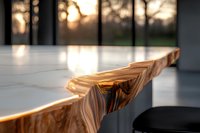 Live edge wooden table surface with natural grain patterns in modern interior space during golden hour lighting for furniture design.