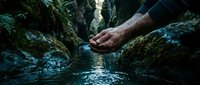 Hands cupping fresh mountain stream water flowing between moss-covered rocks in pristine forest environment for environmental conservation concepts.