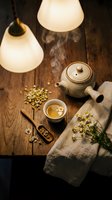 Traditional ceramic teapot with steaming herbal chamomile tea cup on rustic wooden table with dried flowers and warm ambient lighting for relaxation.